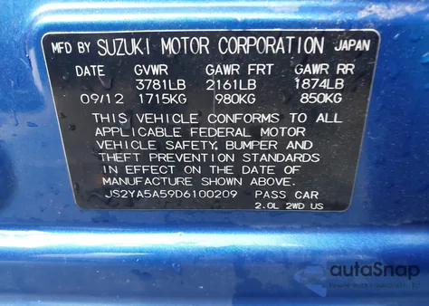 2013 Suzuki Sx4 z USA, uszkodzony, nr VIN JS2YA5A59D6100209